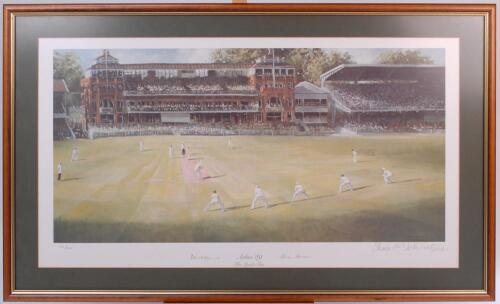 ‘Ashes 89. The Lord’s Test’ by renowned cricket artist, Sherree Valentine Daines. Large colour wide angled panoramic view of Lord’s cricket ground with the Test match in progress in the artist’s noted style. From the original oil painting painted by Valen