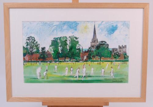 ‘SIX’. Original mixed media painting by David Souter. The painting depicts a cricket match in progress at Priory Park, Chichester , with the batsman hitting a six, with trees, houses and church to background. Signed by Souter to lower right hand corner. A