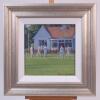 ‘Matchday’ by Stephen Hawkins. Oil on panel portrait by Haskins of a colourful cricket scene with a match in progress where it appears a wicket has been taken, pavilion, flag, players and spectators to back ground. Signed by Hawkins to lower right hand co