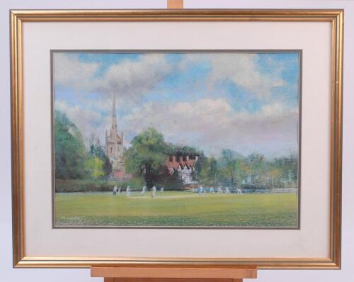 C. Flinders. Attractive original pastel painting of a cricket match in progress, with trees , a church and a large house to background, location unknown. Signed by Flinders to lower left hand corner. Attractively mounted, framed and glazed. Overall 23”x18