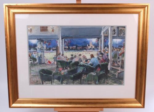 ‘Lights, Lugsy Action’. Colourful and decorative original watercolour painting by artist David Birtwistle. The painting shows an evening cricket match played at New Road, Worcester whilst viewed from inside the Pavilion showing the light of the floodlight