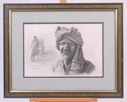 ‘The Rickshaw Man, Old Delhi’. Jack Russell. 1989. Attractive original pencil drawing of Head and shoulders portrait of the man with smaller drawing of the man cycling with the rickshaw. Titled, signed and dated by Russell 1989. Mounted, framed and glazed