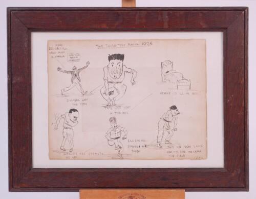 ‘The Third Test Match 1924/[25]. More Delightful News from Australia’. Humorous pen and ink drawing showing England’s woes prior to and during the third Test match against Australia at Adelaide. Pen and ink caricatures of leading players with problems ‘’G