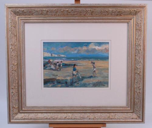 ‘Beach Cricket’. Attractive original painting in oils showing two children playing cricket on the beach, with family to the side and cliffs and the sea to background, location unknown. Unknown signature to lower right hand corner. Attractively mounted, fr