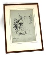 &lsquo;Life&rsquo;s Little Ironies&rsquo;. Excellent pen and ink original artwork of a gentleman wearing top hat and carrying umbrella been hit on the head by a cricket ball whilst walking around a cricket ground. The players to background with one fielder running to retri
