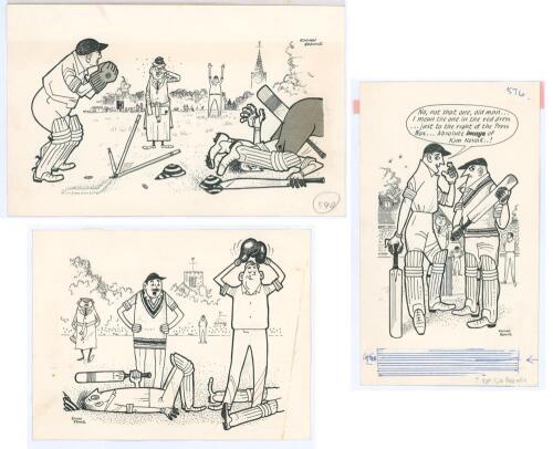 Royman Browne. Cricket artist and illustrator. Three original pen and ink cartoons by Browne. One of two batsmen in conversation at the wicket admiring a lady spectator ‘Absolute image of Kim Novak..!’, 4.5”x8”. Two batsmen sprawled out on the ground, the