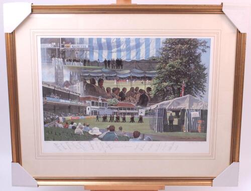 ‘Aspects of Canterbury Week’. Large colourful limited edition print showing various scenes at The Canterbury Festival by Michael John Hunt. Signed in pencil to lower border by the artist and by seventeen Kent players who have played for England. Signature