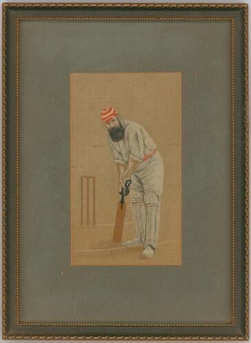 ‘W.G.’. Original Stevengraph of W.G. Grace wearing M.C.C. cap and standing in batting pose at the wicket, miniature picture woven in silk, approx 4.5”x2.5” wide. Produced in 1895 on the occasion of Grace making his hundredth hundred. Good condition with c