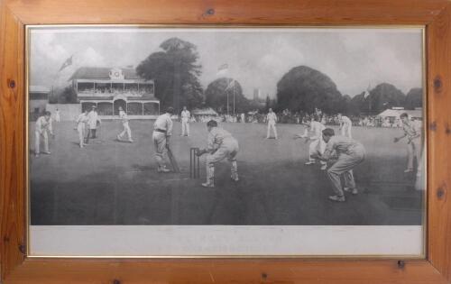 ‘Kent v Lancashire at Canterbury 1906’. Albert Chevallier Tayler. Original large mono engraving of the famous painting of Colin Blythe bowling to Tyldesley with the attacking fielders around the bat. Large title to lower border ‘The Kent Eleven. Champions