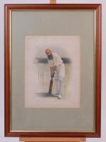 W.G. Grace. Colour lithograph portrait of Grace in batting pose standing in front of cricket stumps wearing M.C.C. cap. Title to lower border. &lsquo;W. G.&rsquo;. Produced for the periodical &lsquo;Supplement to Black and White. August 3rd 1895&rsquo;. Mounted, framed and glaze