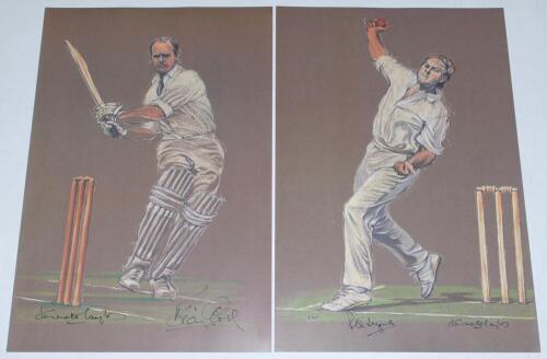 Brian Close, Ray Illingworth, Fred Trueman and Dickie Bird, Yorkshire. Four colour prints from originals by Ken Taylor (Yorkshire & England). The images depict Close batting, Illingworth and Trueman bowling, and Bird umpiring. Each print signed in ink by 