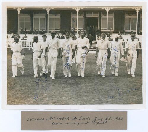 All India tour to England 1932. Inaugural Test match, England v India, Lord’s 25th- 28th June 1932. Original mono press photograph of the India team walking on to the field with the pavilion in the background at the start of their first ever Test match. S