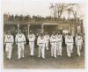 All India tour to England 1936. Original sepia press photograph depicting ten of the Indian team walking on to the field for the opening match of the 1936 tour v A.P. [Tich] Freeman’s XI at the Bat and Ball Ground, Maidstone, 29th April 1936. The open top