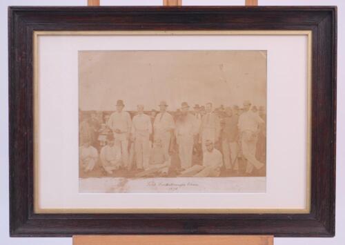 &lsquo;Lord Londesborough&rsquo;s XI 1875&rsquo;. Very early original sepia photograph of eleven players seated and standing in rows in casual pose, spectators in the background. The photograph measures 11.5&rdquo;x7.5, laid to mount with handwritten title in ink to lower mount 