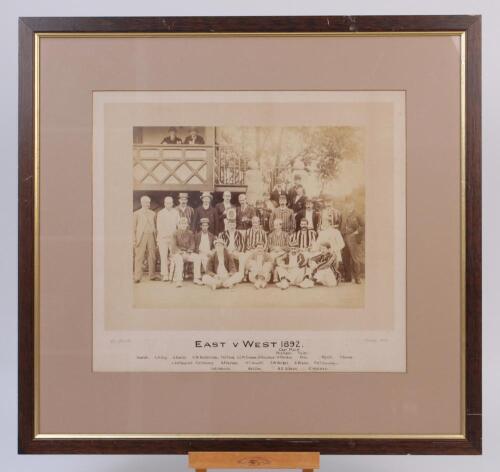 ‘East v West 1892’. Attractive original joint team photograph of the two teams who played the match on the 5th-7th September 1892 at Portsmouth. Players include Palairet, Ford, Croome, Needham, Woods, Brann, Vernon, The photograph by George Glanville of T