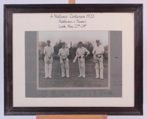 ‘Four Middlesex Centurions 1920’. Excellent and attractive original mono photograph of the four Midddlesex batsman who scored a century v Sussex at Lord’s in the first innings of the match played 22nd-24th May 1920. Midddlesex scored 543-4 declared with 