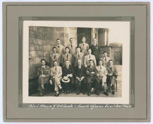 ‘Lord Mayor of Adelaide & South African Cricketers 28/10/31’. South Africa tour of Australia 1931/32. Official mono photograph taken during the tour at Adelaide with the Lord Mayor of Adelaide and the fifteen members of the South Africa touring party, sea