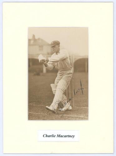 Charles George McCartney, New South Wales & Australia 1905-1927. Original sepia photograph of McCartney, wearing Australian cap, batting at Lord’s. Nicely signed in black ink by McCartney. The photograph by ‘Sport & General, Strand. Laid down to photograp