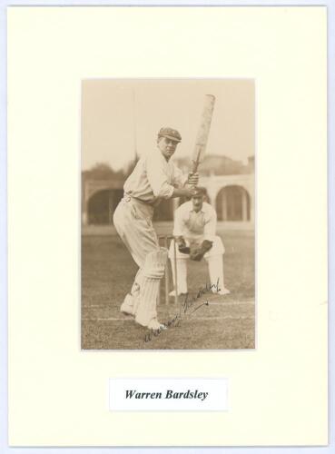 Warren Bardsley. New South Wales & Australia 1903-1926. Original sepia photograph of Bardsley, wearing Australian cap, batting at Lord’s with keeper Hanson Carter behind the wickets. Nicely signed in black ink by Bardsley. The photograph by ‘Sport & Gener