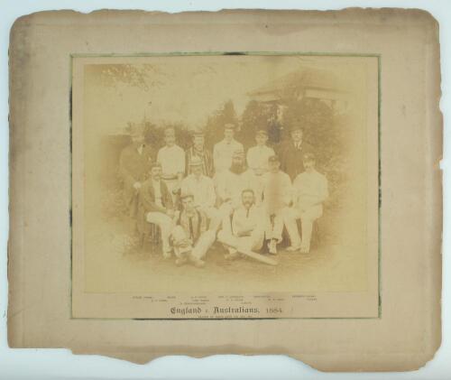 England v Australia 1884. Early original sepia photograph of the England team who played Australia at Lord’s 21st-23rd July 1884, standing and seated, in rows wearing blazers, caps and cricket attire. The photograph laid down to official photographers mou