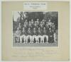 M.C.C. tour to South Africa 1948/49. Original mono photograph of the M.C.C. touring party, seated and standing in rows in cricket attire and tour blazers. The photograph laid down to mount with printed title to top border and signed in ink to the lower bo