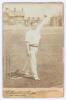 George Herbert Hirst. Yorkshire, Europeans & England 1891-1929. Sepia cabinet card photograph of Hirst depicted full length in bowling pose wearing Yorkshire cap. Cabinet card by E. Hawkins & Co, Brighton. 4.25”x6.5”. Old adhesive marks to edges with some