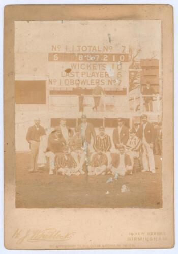 Yorkshire C.C.C. 1896. Large original sepia cabinet card photograph of the Yorkshire team seated and standing in rows wearing cricket attire, in front of the scoreboard in the match against Warwickshire at Edgbaston, 7th- 9th May 1896. Yorkshire had just 