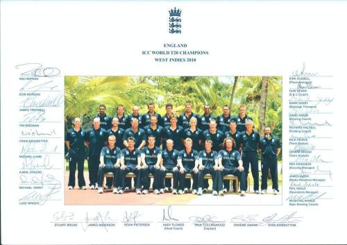 ‘England ICC World T20 Champions. West Indies 2010’. Official colour photograph of the England squad for the 2010 World T20 tournament. Printed title and player’s names to borders. Fully signed by the twenty seven featured players and officials. Signature