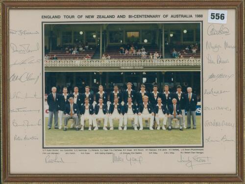 ‘England Tour of New Zealand and Bi-Centenary of Australia 1988’. Official colour photograph of the England touring party seated and standing in rows wearing tour blazers and cricket attire. Printed title and players’ names to mount borders. Nicely signed