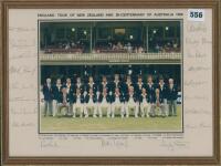 &lsquo;England Tour of New Zealand and Bi-Centenary of Australia 1988&rsquo;. Official colour photograph of the England touring party seated and standing in rows wearing tour blazers and cricket attire. Printed title and players&rsquo; names to mount borders. Nicely signed