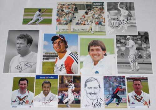 Essex county player photographs 1980s-2010s. A selection of thirty colour and mono press and copy photographs, player promotional cards etc. of Essex players. Thirteen are signed by the featured player. Signatures are Stuart Law, Derek Pringle, Graham Goo