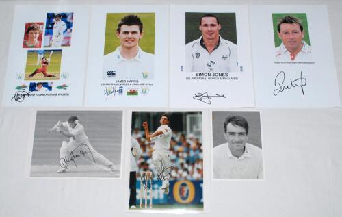 Glamorgan county player photographs 1980s-2010s. A selection of twenty eight colour and mono press and copy photographs, photomontages, player promotional cards etc. of Glamorgan players. Seven are signed by the featured player. Signatures are Hugh Morris