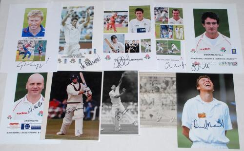 Lancashire county player photographs 1980s-2010s. A selection of twenty six colour and mono press and copy photographs, photomontages, cuttings etc. of Lancashire players. Twelve are signed by the featured player. Signatures are Jason Gallian, John Crawle