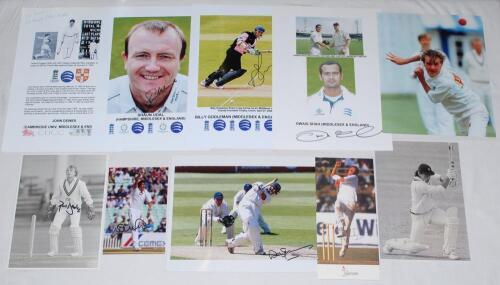 Middlesex county player photographs 1970s-2000s. A selection of twenty eight colour and mono press and copy photographs, photomontages, cuttings etc. of Middlesex players and one team photo. Ten are signed by the featured player. Signatures are Andrew Str