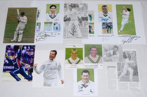 Nottinghamshire county player photographs 1970s-2010s. A selection of thirty colour and mono press and copy photographs, photomontages, cuttings etc. of Nottinghamshire players and one team photo. Twelve are signed by the featured player. Signatures are B