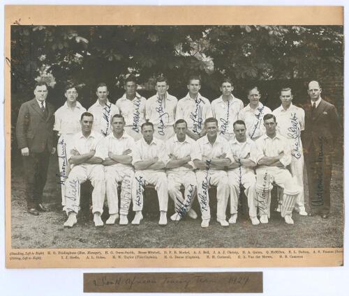 South Africa tour to England 1929. Original mono printed photograph of the South Africa touring party seated and standing in rows, the players wearing cricket attire. Very nicely signed in black ink to the photograph by all fifteen players depicted and th