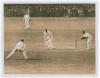 England v New Zealand 1931. Original sepia press photograph of England captain, Douglas Jardine, wearing his distinctive harlequin cap, in batting action in the first Test at Lord’s, 27th- 30th June 1931, with New Zealand players Tom Lowry, Curly Page and