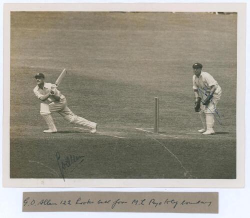 England v New Zealand 1931. Original sepia press photograph of Gubby Allen playing an attacking shot to leg in England’s first innings of the drawn first Test at Lord’s, 27th- 30th June 1931. New Zealand wicket-keeper Ken James looks on. Signed in ink to 