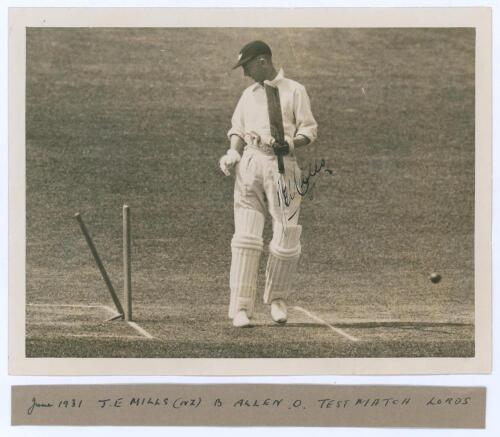 England v New Zealand 1931. Original sepia press photograph of New Zealand opening batsman, Jackie Mills, looking back at his stumps having being bowled second ball for nought by Gubby Allen in New Zealand’s second innings of the drawn first Test at Lord’