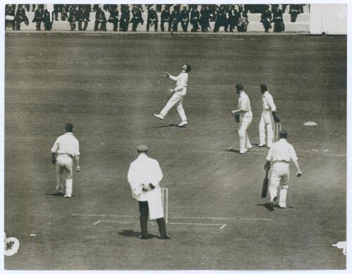 Triangular Tournament 1912. Original mono press photograph of match action from the tour match, Essex v Australians, Leyton, 13th- 15th May 1912. Percy Perrin of Essex is seen being caught at slip by Kelleway off the bowling of Emery in Essex’s first inni