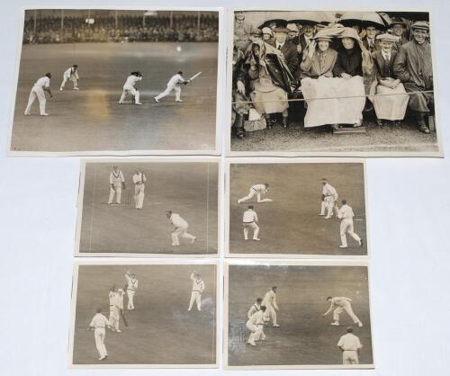 Australia tour to England 1926. Six original mono press photographs of match action from the tour. Includes two photographs from the first Test at Trent Bridge 12th June 1926, Sutcliffe playing an attacking shot, and an excellent image of spectators in th