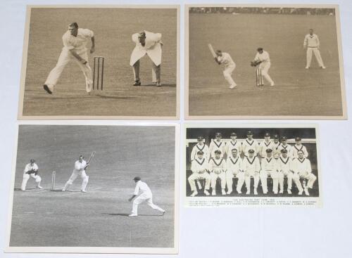 The Ashes. England v Australia 1930. Three original sepia/ mono press photographs of action from the 1930 Ashes series. One depicts Tim Wall in bowling action for Australia, another of Sutcliffe batting in the first Test at Trent Bridge, 16th June 1930, a