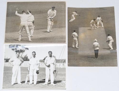 Cricket in Australia 1932/33. Two original sepia press photographs of Bill Woodfull in action for Queensland, one in the Sheffield Shield match v Victoria, Brisbane, 28th- 31st October 1932 depicts Woodfull bowled by Govan, Brisbane Daily Mail, date stamp