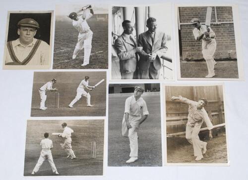 Australia tours to England 1934 & 1938. Eight original mono and sepia press photographs. Includes two of match action depicting Bill Woodfull batting for the Australians v Worcestershire, date stamped 11th June 1934, and Bill Edrich clean bowled by Ernie 