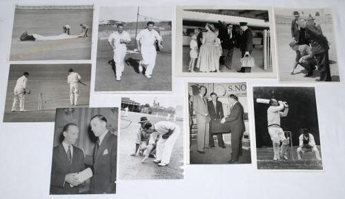 England and Australia 1950s. Nine original mono press photographs, the majority depicting England and Australia Test cricketers in match action, attending functions, training etc. Images feature Lindsay Hassett inspecting the wicket at Brisbane, November 