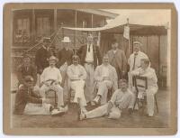 Kumar Shri Ranjitsinhji. Sussex & England 1895-1920. Attractive sepia photograph of an unknown cricket team, standing and seated in rows, featuring Ranjitsinhji seated to the middle of the group wearing blazer and Sussex cap. The photograph, by Coles of W