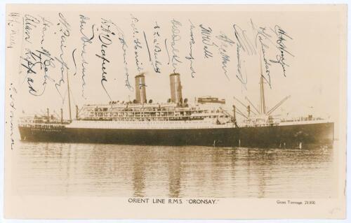 Australia tour to England 1930. Rare sepia photograph of the Orient Line R.M.S. ‘Oronsay’, the ship that took the touring team back to Australia, leaving Southampton on the 27th September and arriving in Melbourne on the 3rd November 1930. Printed title t