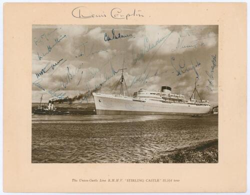 M.C.C. tour of South Africa 1948/49. Official sepia photograph of the ‘R.M.M.V. Stirling Castle’, the ship which brought the M.C.C. touring team back to England following the tour. The photograph laid down to original photographers mount with title to low