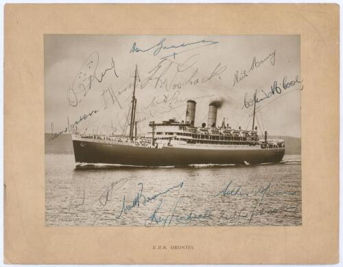 Australian tour of England 1948. Official mono photograph of ‘R.M.S. Orontes’, the ship which brought the Australian team to England, laid down to official photographers mount. Signed to face in ink by thirteen members of the Australian touring party. Sig