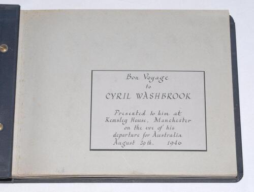 Cyril Washbrook. Lancashire & England 1933-1959. ‘Bon Voyage to Cyril Washbrook’ 1946. Original photo album ‘Presented to him at Kemsley House, Manchester on the eve of his departure for Australia August 29th, 1946’ comprising twenty one original mono pho